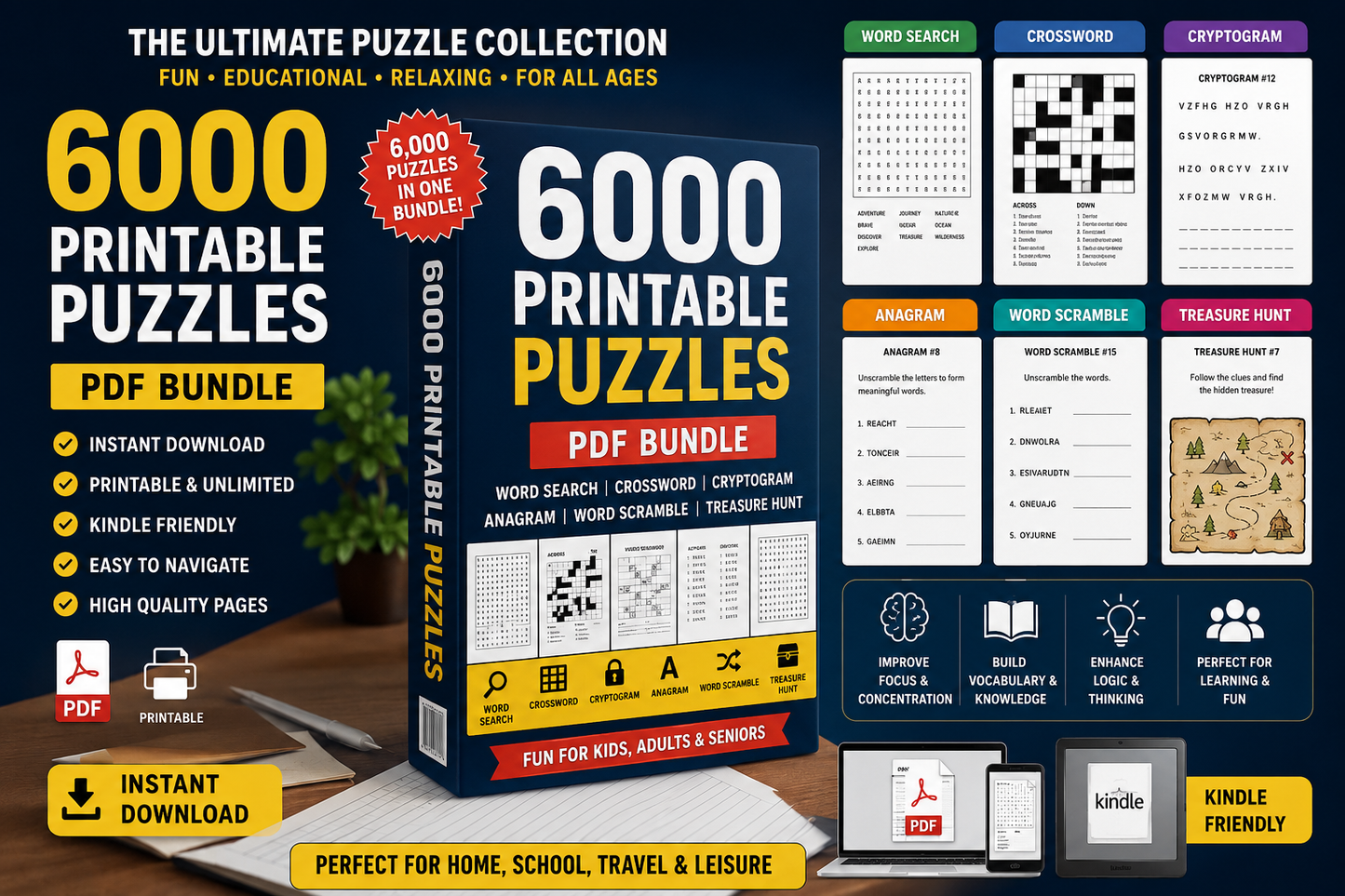6000 Printable Puzzle Bundle PDF | Word Search, Crossword, Cryptogram, Anagram, Word Scramble & Treasure Hunt | Kindle Friendly | Instant Download